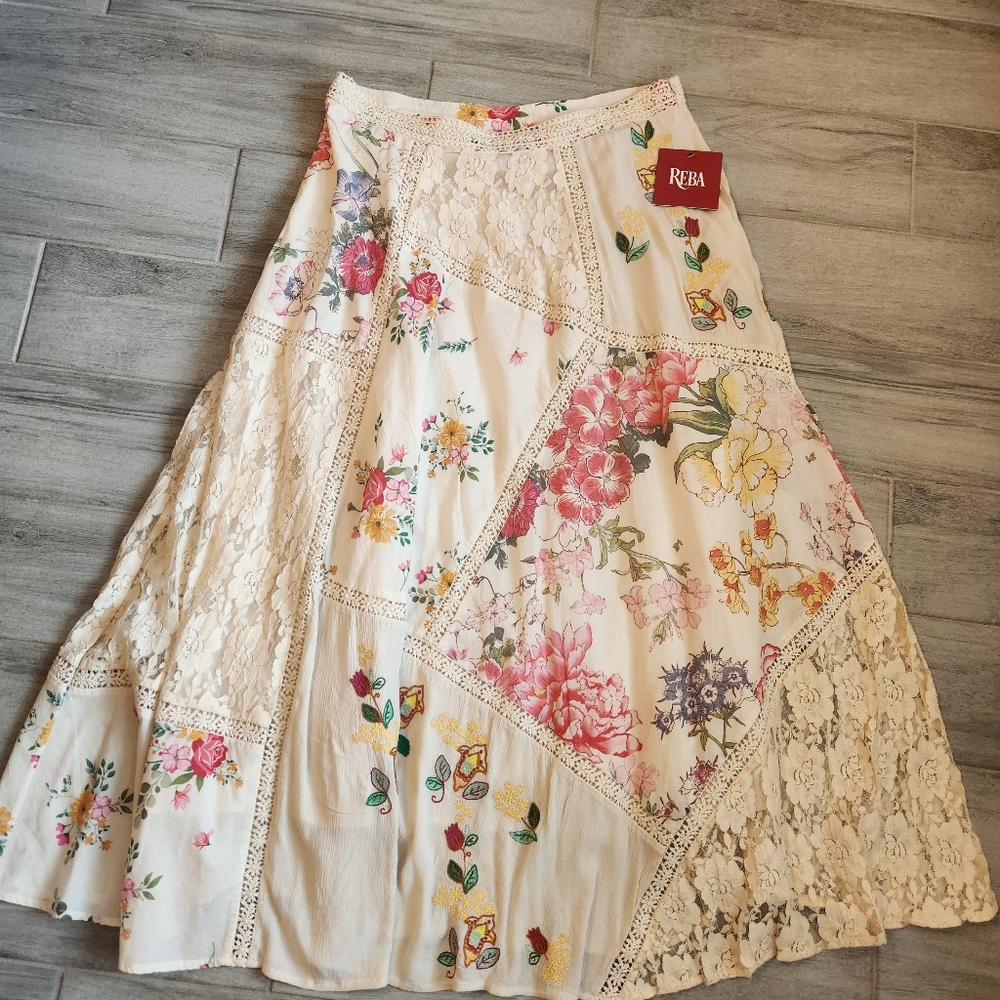 Reba Maxi Skirt 6 Cream Floral Cotton Lacey Lace Crochet A-Line Long New $180 - Picture 2 of 16